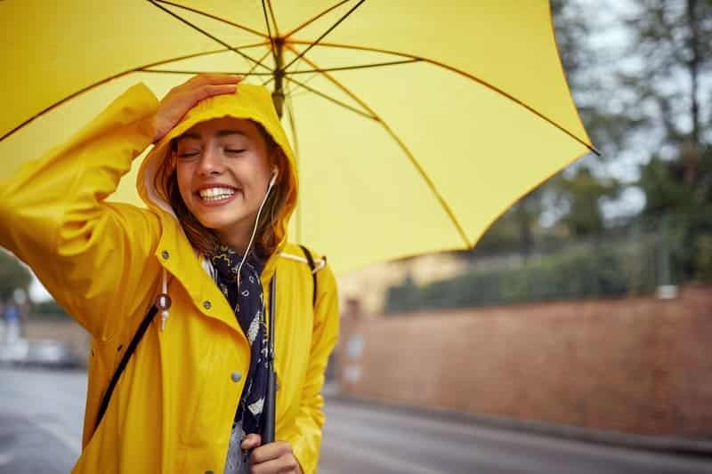 Mulher pousando para foto segurando um guarda chuva amarelo
