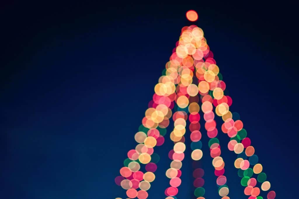 Árvore com luzes de Natal desfocadas.