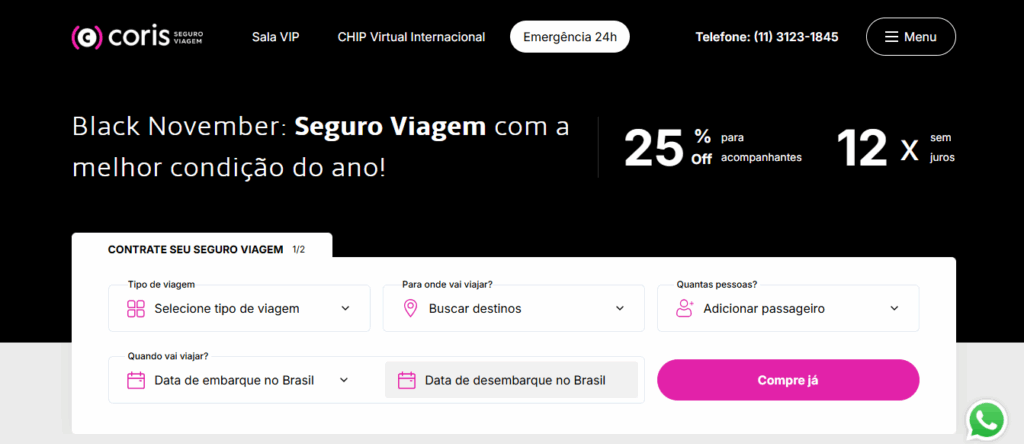 Página da campanha Black November Coris 2025 destacando seguro viagem com 25% de desconto para acompanhantes e parcelamento em até 12 vezes sem juros.