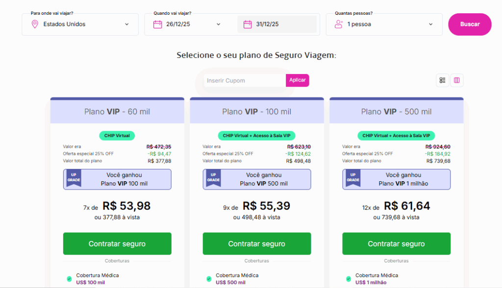 Tela de seleção de planos de seguro viagem Coris mostrando opções VIP com diferentes coberturas médicas, descontos de 25% e upgrades automáticos durante a Black November.